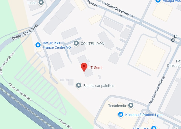 Localisation I.T. Semi à Lyon - Carte détaillée des accès. Carte de localisation de I.T. Semi, entouré de Daf Trucks, COLITEL LYON et Bla-bla car palettes, près du Chemin du Lortaret.