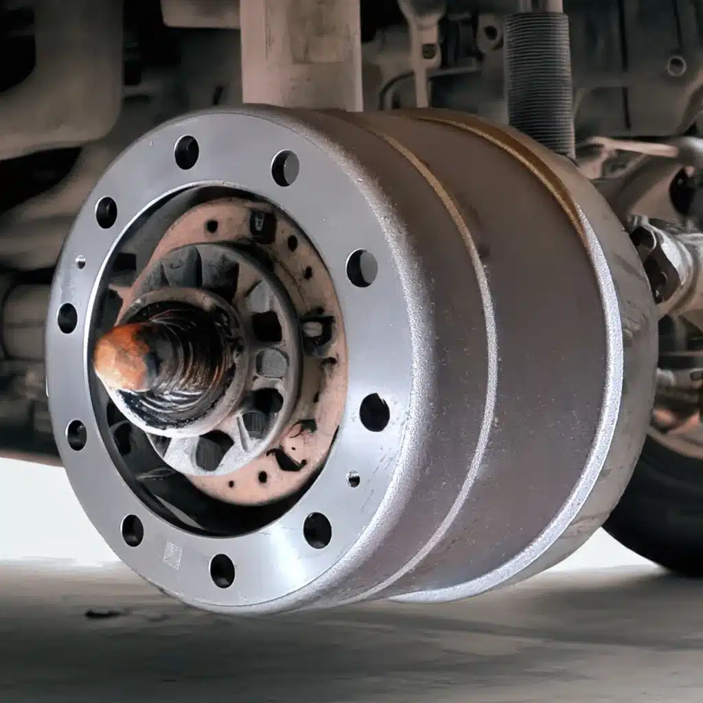 Tambour de Frein et Moyeu de Camion : Vue Rapprochée Tambour de frein de camion avec moyeu central et trous de fixation sur l'essieu d'un véhicule lourd.
